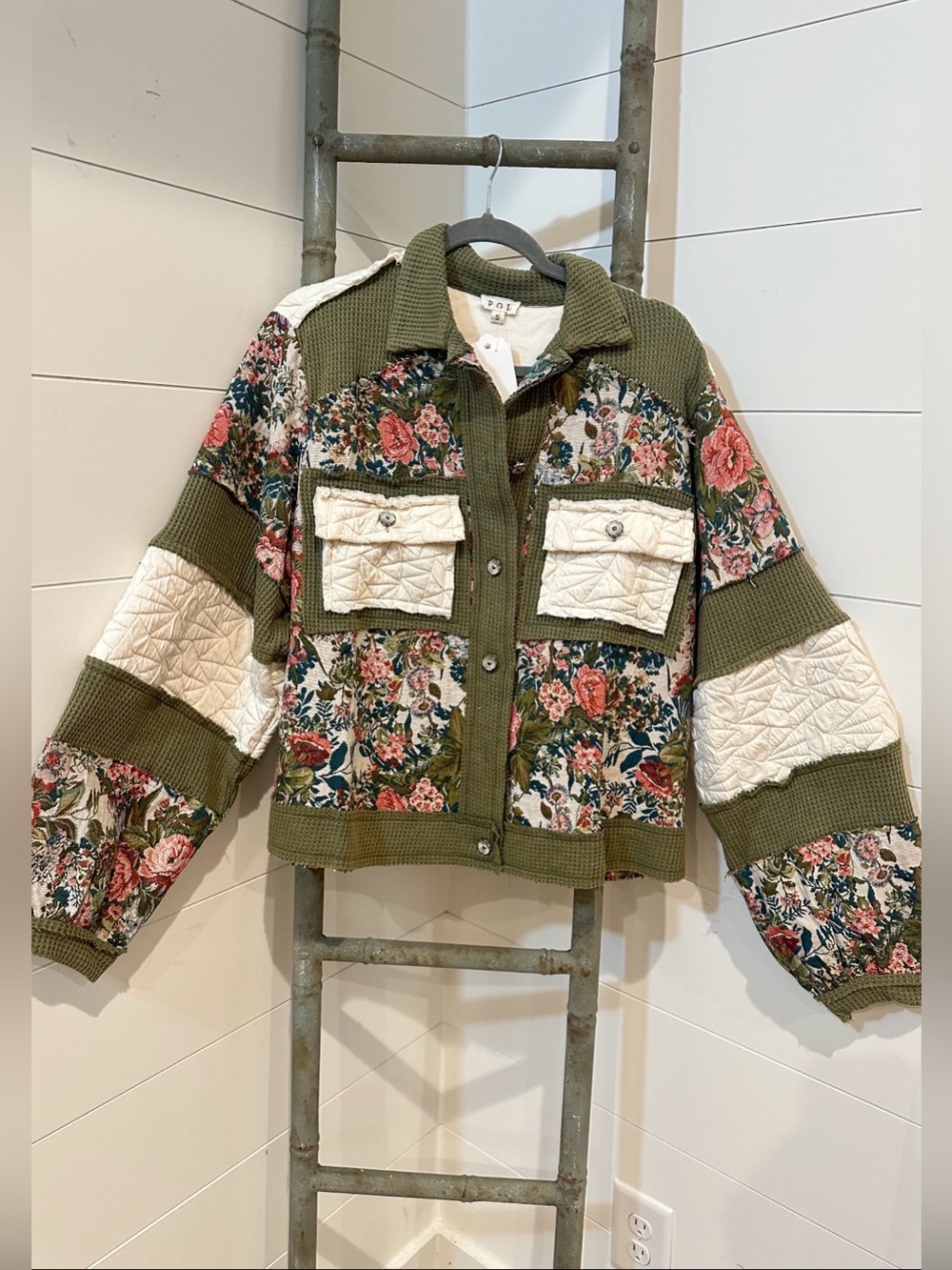 NEW POL: “The Fiona”Boho Floral Quilted Shacket in Olive and Cream - Picture 5 of 6